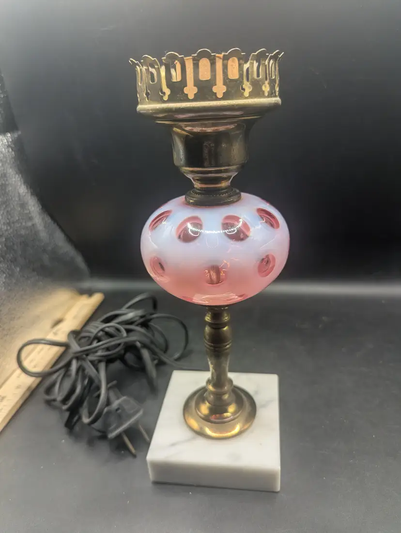 Vintage Fenton Cranberry Opalescent Red and Pink Coin Dot Boudoir Lamp.