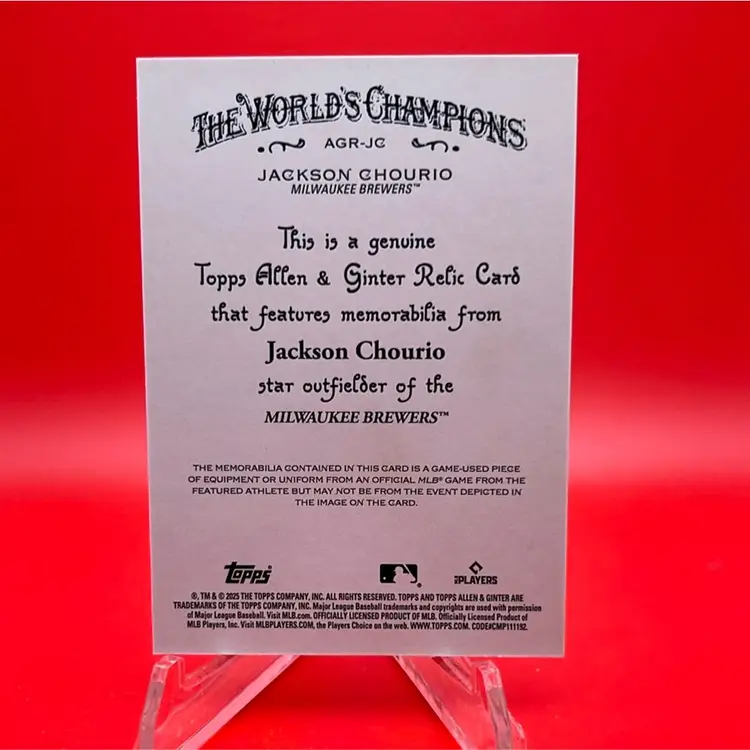 Jackson Chourio 2025 Topps Allen & Ginter Full Size Relic Milwaukee Brewers