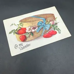 “To My Valentine” Stunning Hat Box Filled With Hearts Antique Valentine Postcard, Postmarked 1910