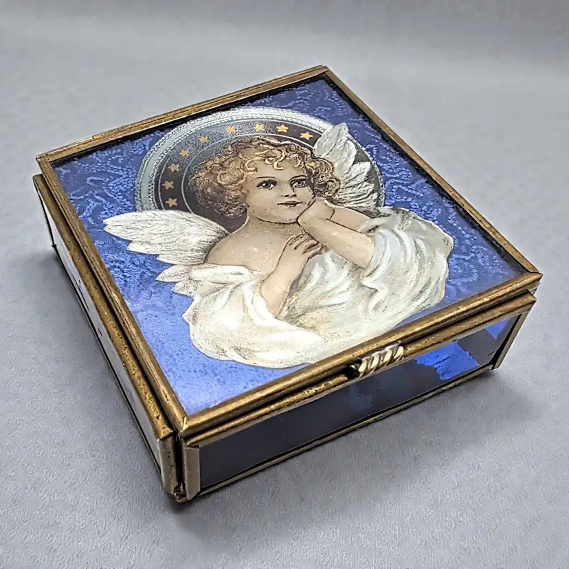 Angel Cherub Mirror Trinket Box Vtg 1993 Thomas Cathey Collection Square Foil