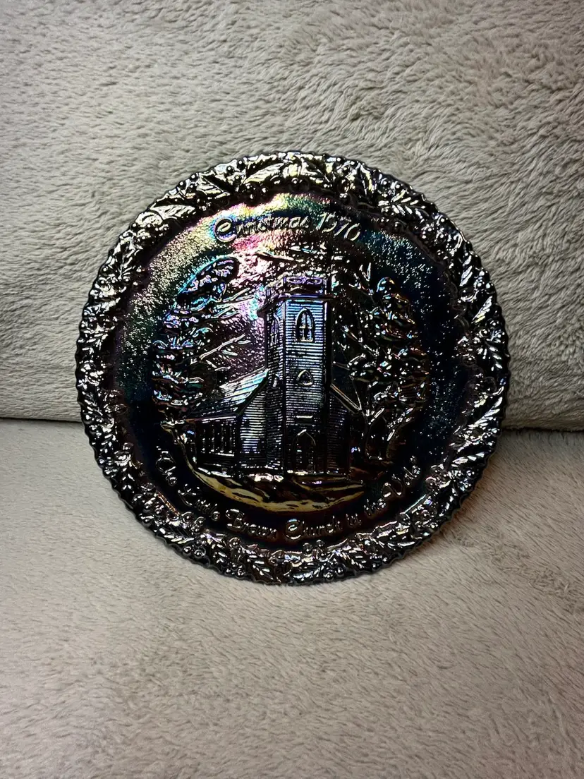 FENTON Christmas 1970 Little Brown Church Vale 8" Carnival Glass Plate: No. 1