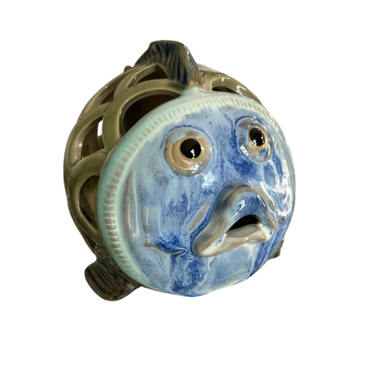 Blue and Green Ceramic Fish Face Votive Candle Holder