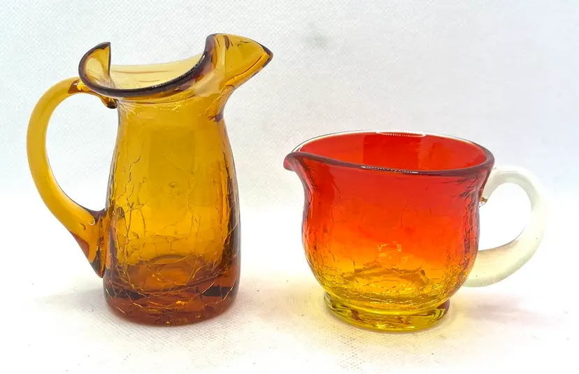 Vintage Pair Amberina Orange Amber Yellow Crackle Glass Creamer Miniature Pitchers