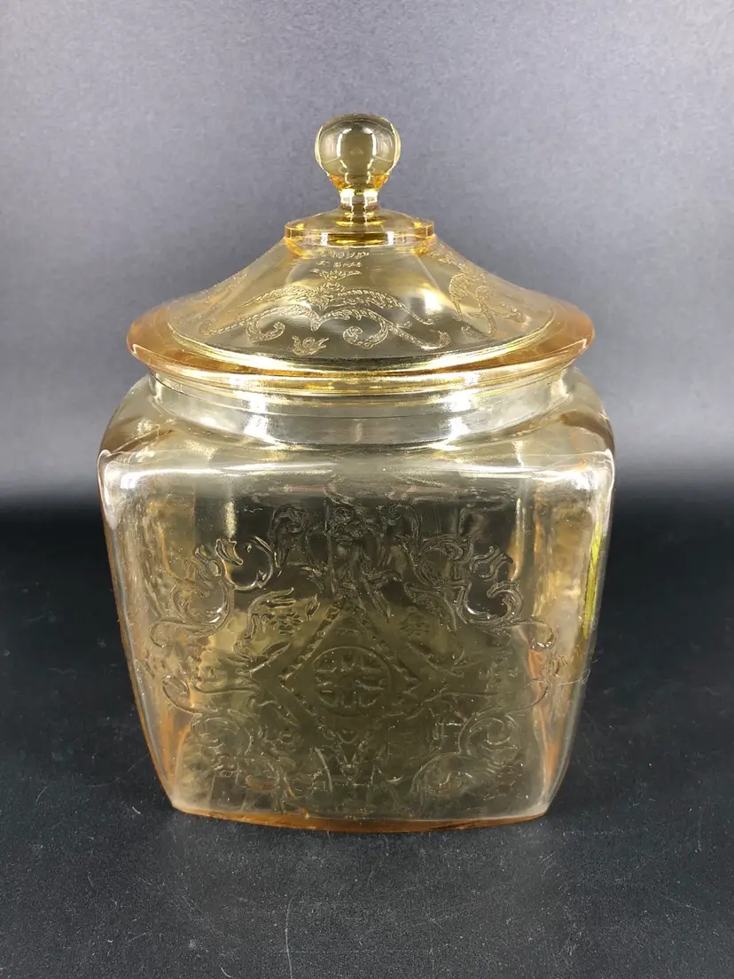 Vintage Indiana Glass Amber Madrid Pattern Cookie Jar w/ Lid AS IS