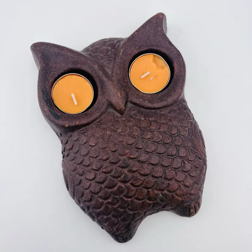 Adorable Brown Owl Stoneware Redware Tealight Candle Holder 5.5”x 8” READ