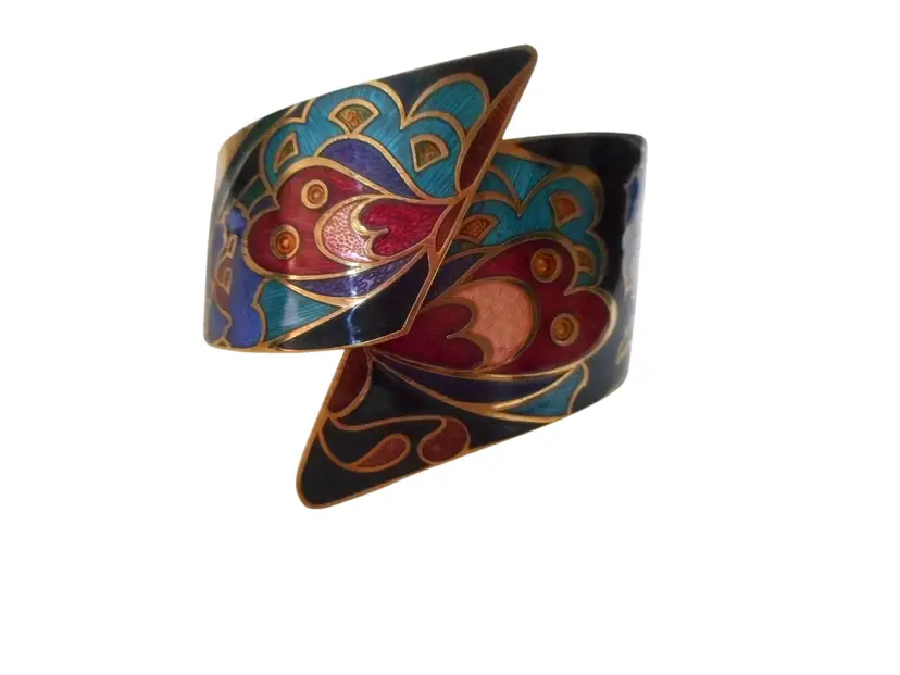 Vintage Estate Cloisonne hinge cuff bracelet butterfly floral gold black multi