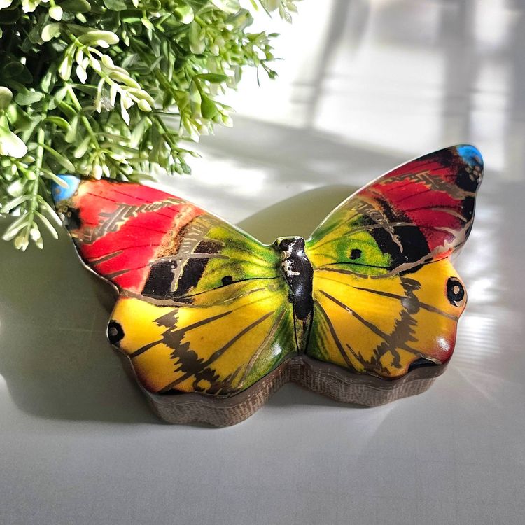 Anthropologie Ceramic Butterfly Trinket Box Vibrant Colors with Gold Accents