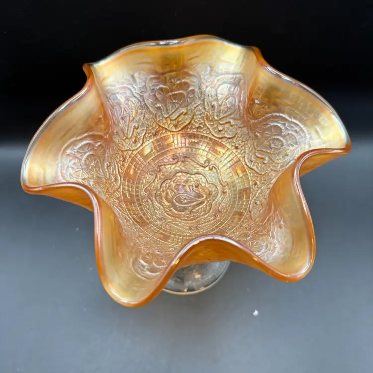 Fenton Peacock Feather Marigold Carnival Glass Ruffled Compote