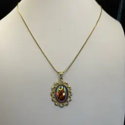 Vintage Iridescent, Cabochon Necklace Marked Germany 17” Gold Tone Snake Chain