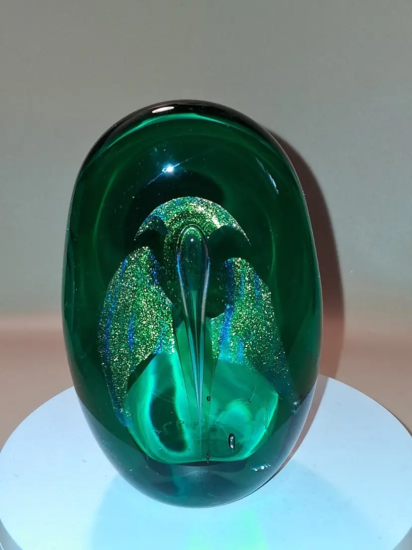 Vintage 90s Ron Schuster Studios, Indiana, Green Dichroic Oblong Paperweight, Signed, Marked, Dated, Label