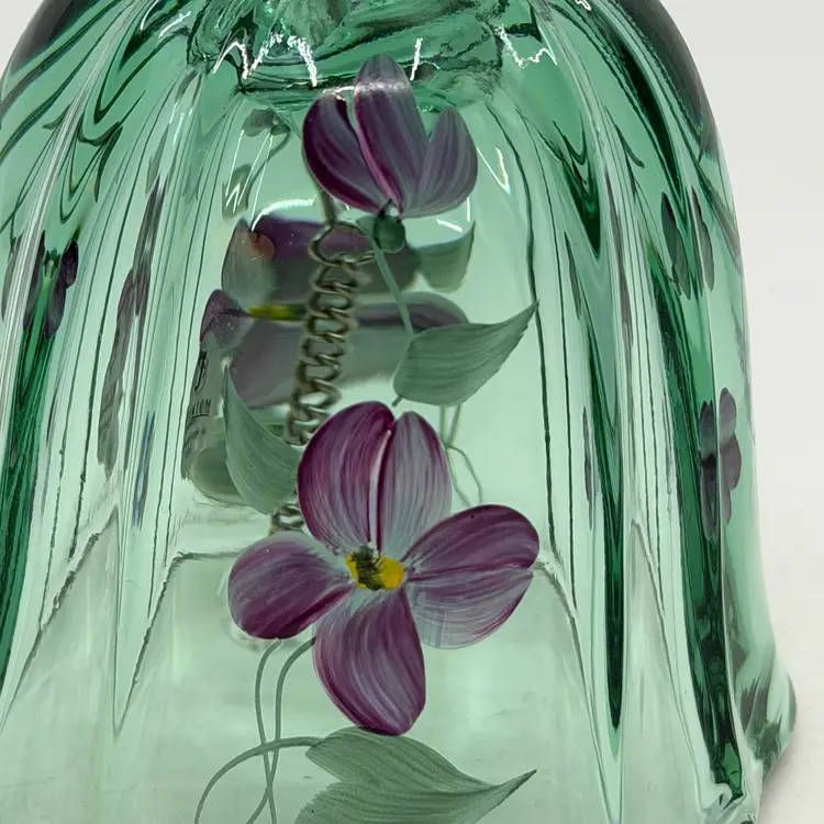 Vintage Fenton Art Glass Teal Bell Hand Painted Floral Design By J K Spindler
