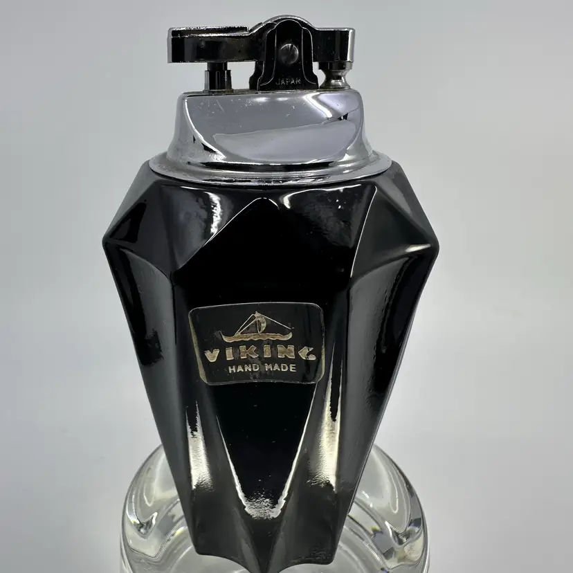 Viking Glass Black Diamond Point Tall Table Lighter With Sticker