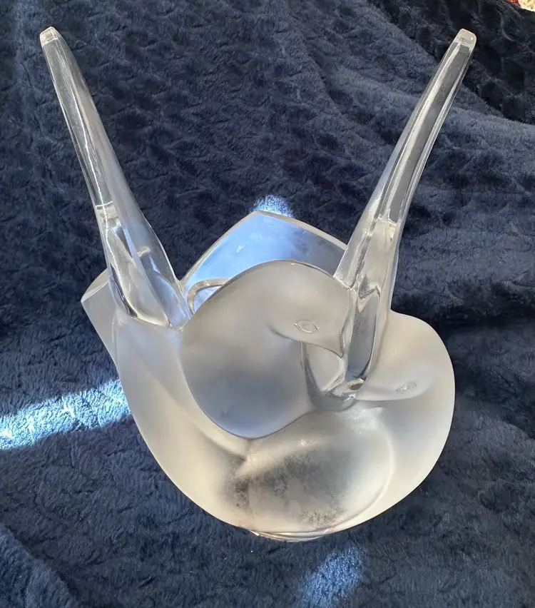 Lalique Sylvie Love Birds Signed Crystal Flower Frog Arranger France