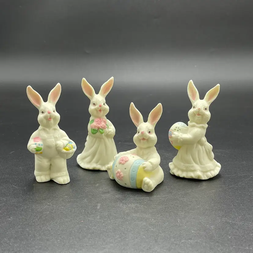 Easter Bunny Rabbits Set of 4 Holiday Figurines Vintage Bisque Porcelain