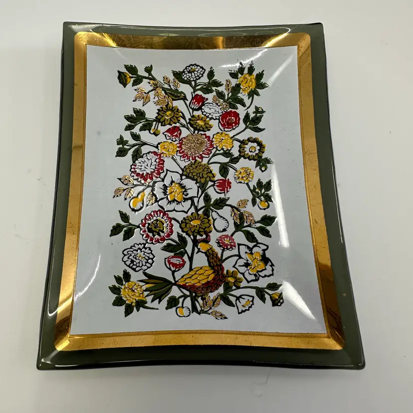 Vintage Smoked Glass Floral  Gold Trim Trinket Dish 3”