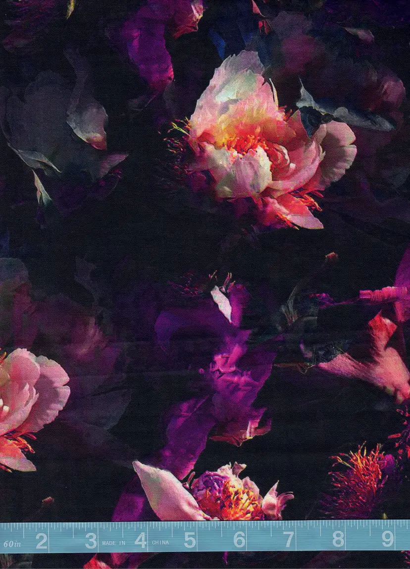 Purple Orange Trumpet Flower Cotton Quilt Fabric by the Yard – Moody Floral Quilting Fabric on Black – Elegant Botanical Sewing Fabric (100% Cotton)