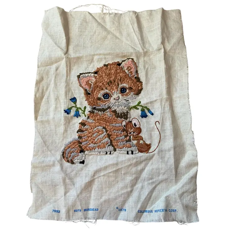 Columbia-Minerva Ruth Morehead "Kitten and Mouse" Crewel This Is A Finished Crewel