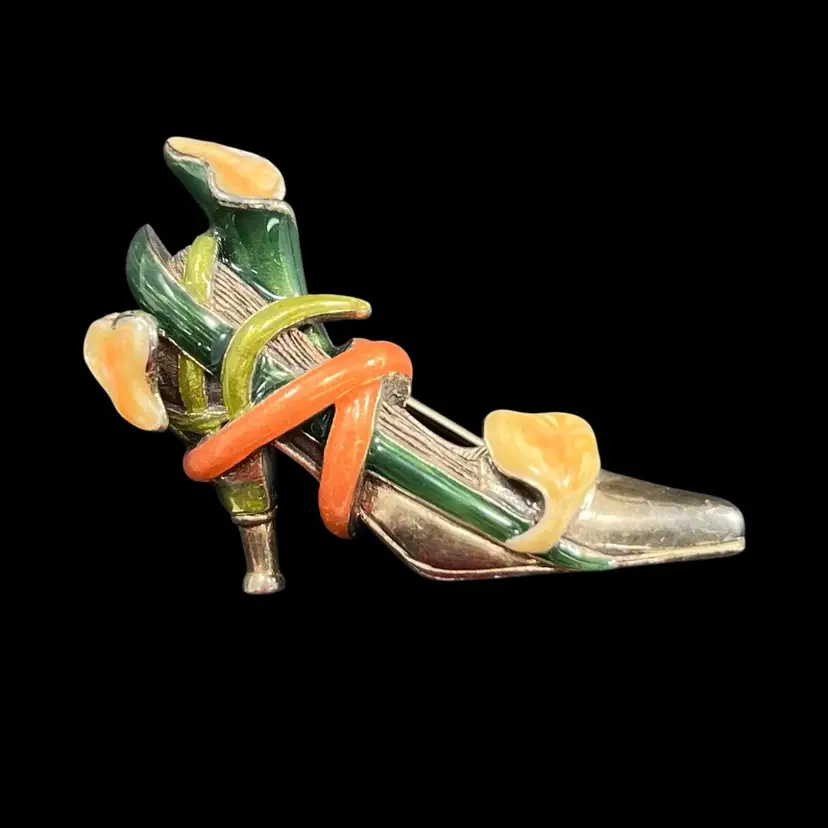 Kenneth Jay Lane Enamel High Heel Calla Lily Brooch, Signed KJL 925 Enamel Flower Shoe Pin