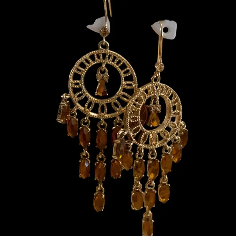 Statement Chandelier  Gold Tone Dangle Earrings With  Amber Color Rhinestones