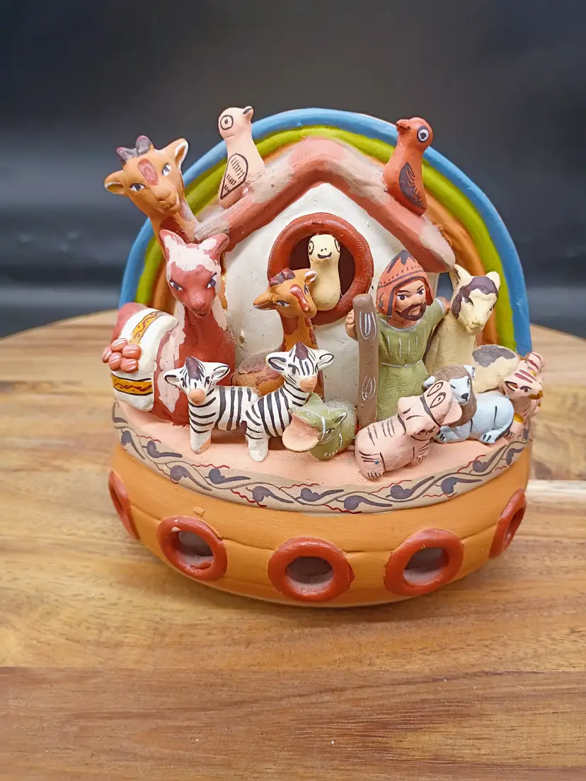 Terra Cotta Clay Pottery Folk Art South American Noah's Ark Tealight Holder Christianity