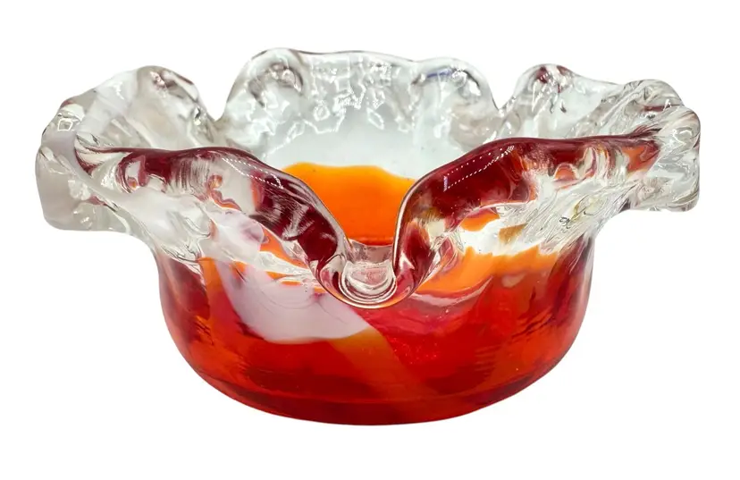 Vintage Japan Art Glass Ruffled Bowl Candy Dish Red Orange White Clear 5.25”