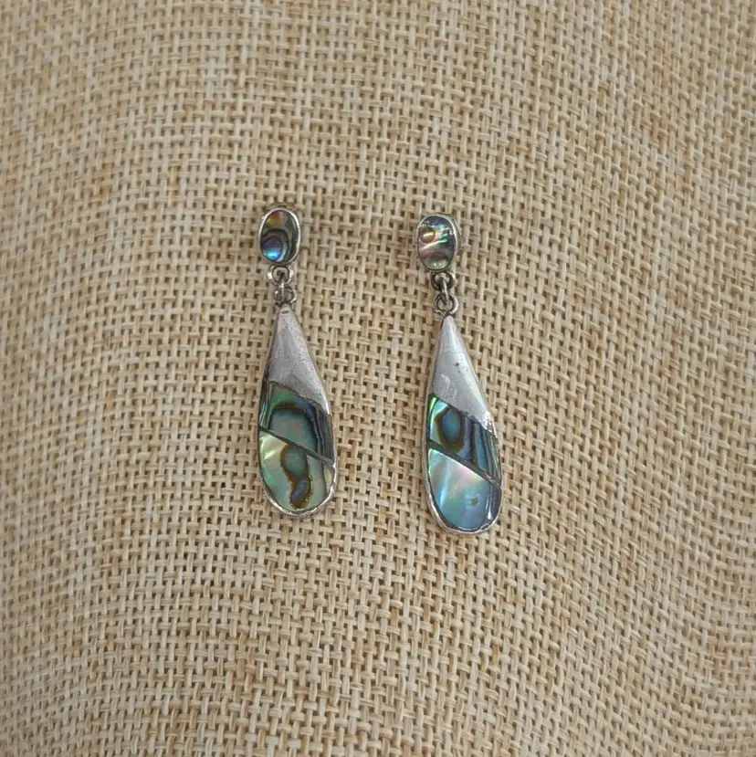Vintage Abalone Shell Inlay Teardrop Shape 925 Sterling Silver Dangle Earrings