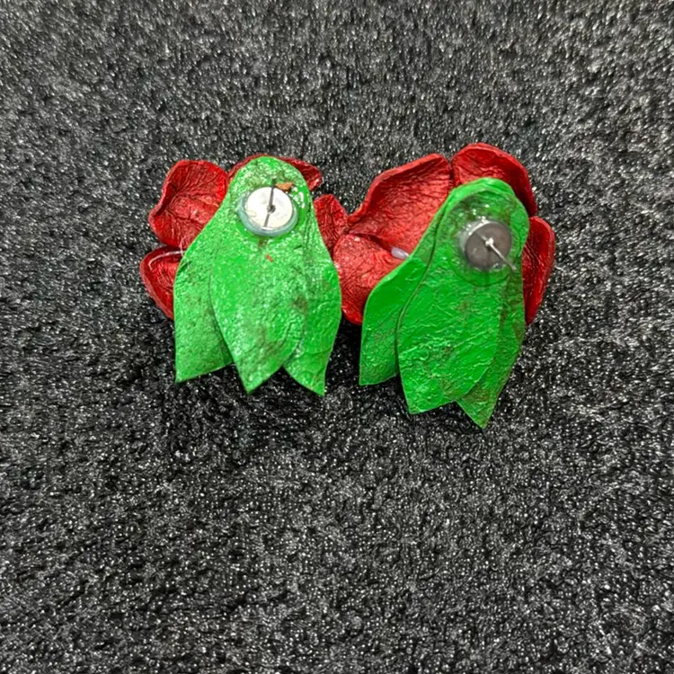 Red Leather Rose Stud Pierced Earrings