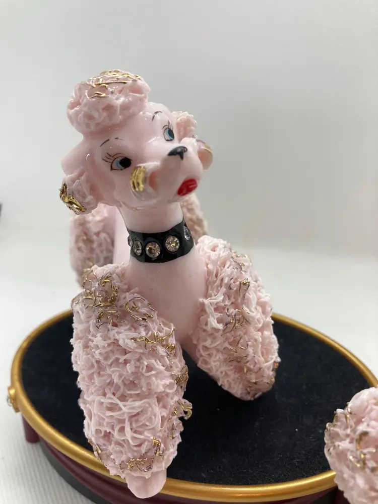Vintage Lefton Pink Porcelain Spaghetti Poodle Set of 2 Rhinestone Collars 1950s