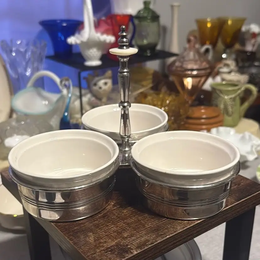 FB Rogers Silver Plate Condiment Dish With Ceramic Bowls