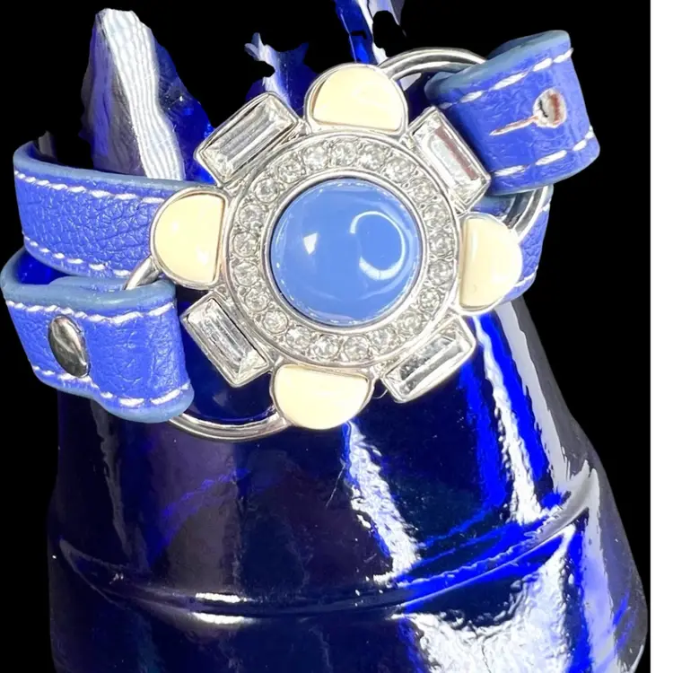 LIA SOPHIA Blue Stone & Faux Diamond Floral Design Double Wrap Blue Leather Bracelet. Fits 6-1/2” wrist.