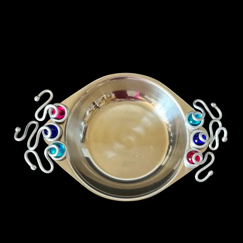 Trinket/Jewelry Dish Contemporary Design Capco 18-8 Stainless Steel  Japan Modern Design Handles With  Cobalt Blue/Aqua/Pink Marbles Applied To Tray
1-1/4” T x  9” x 5-1/2”