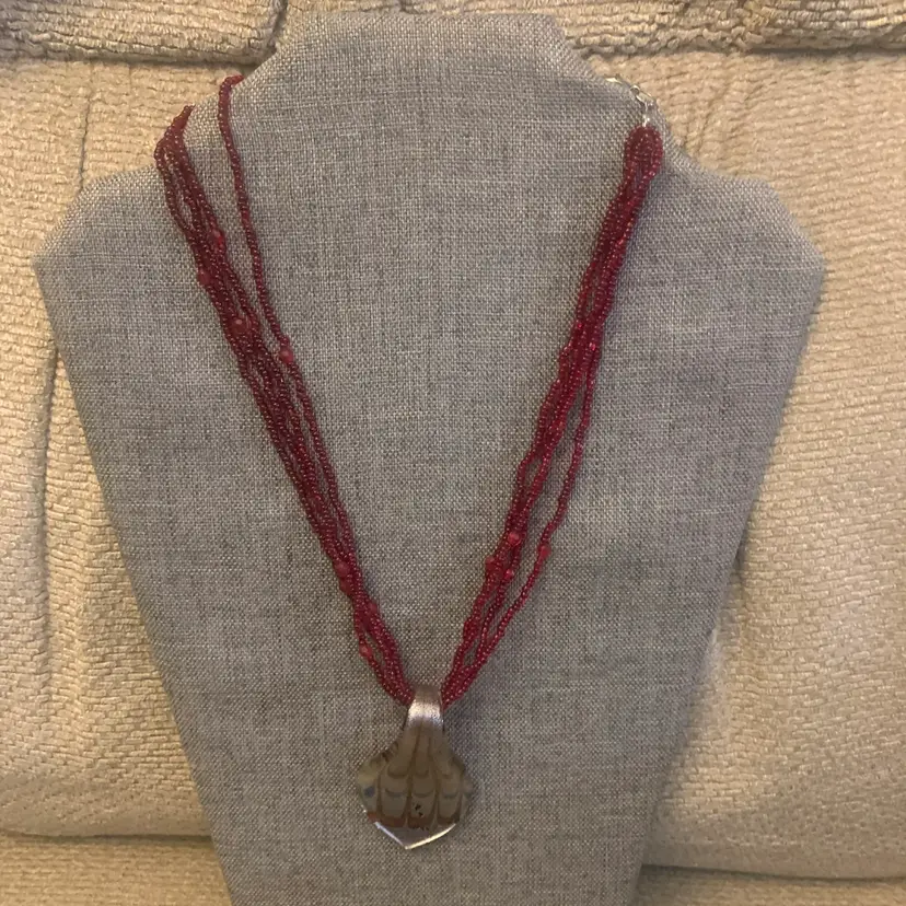 Red Beaded Necklace W/Glass Pendant 18 Inches In Length