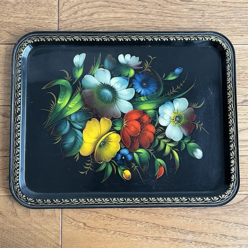 Vintage Russia USSR Enamel Hand Painted Floral Flower Serving Tray Tole 18x14