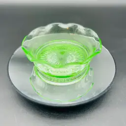 Uranium Depression Glass Ruffled Dish