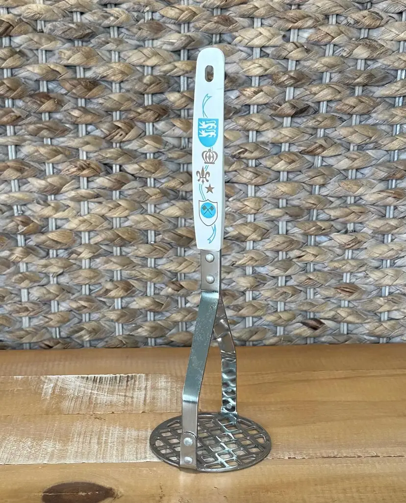 Vintage MCM Potato Masher Bakelite? Handle Lions Shield Crown Fleur de Lis