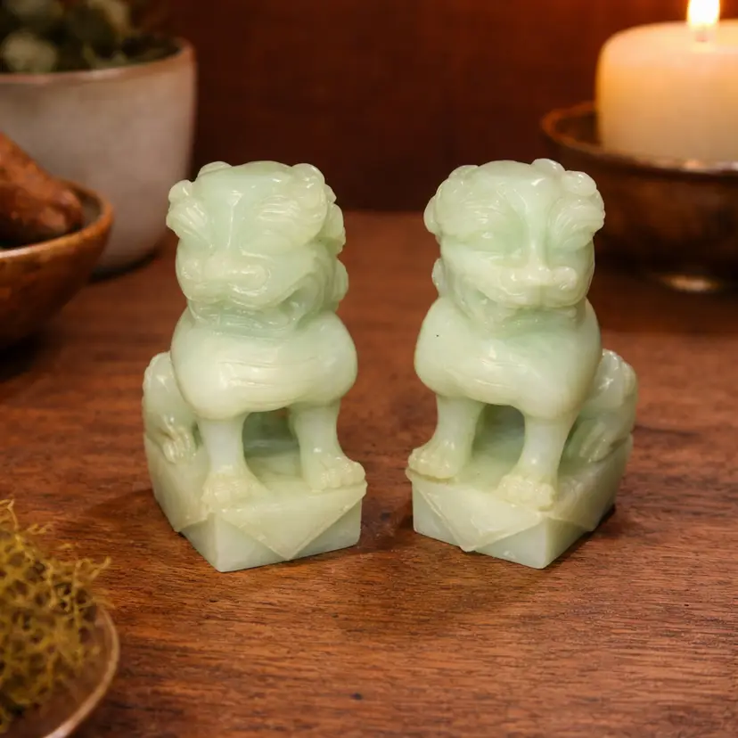 Carved Jade Foo Dogs Pair Vintage Guardian Lions 3.25” Figurines