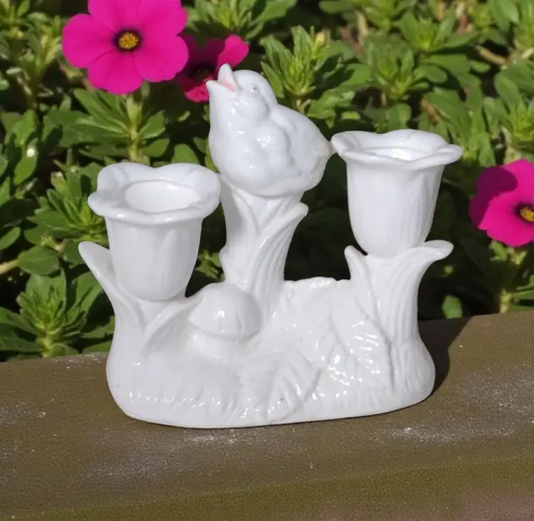 Vtg Fine Bone China Double Flower Bird Candlestick Holder White Taiwan Delicate