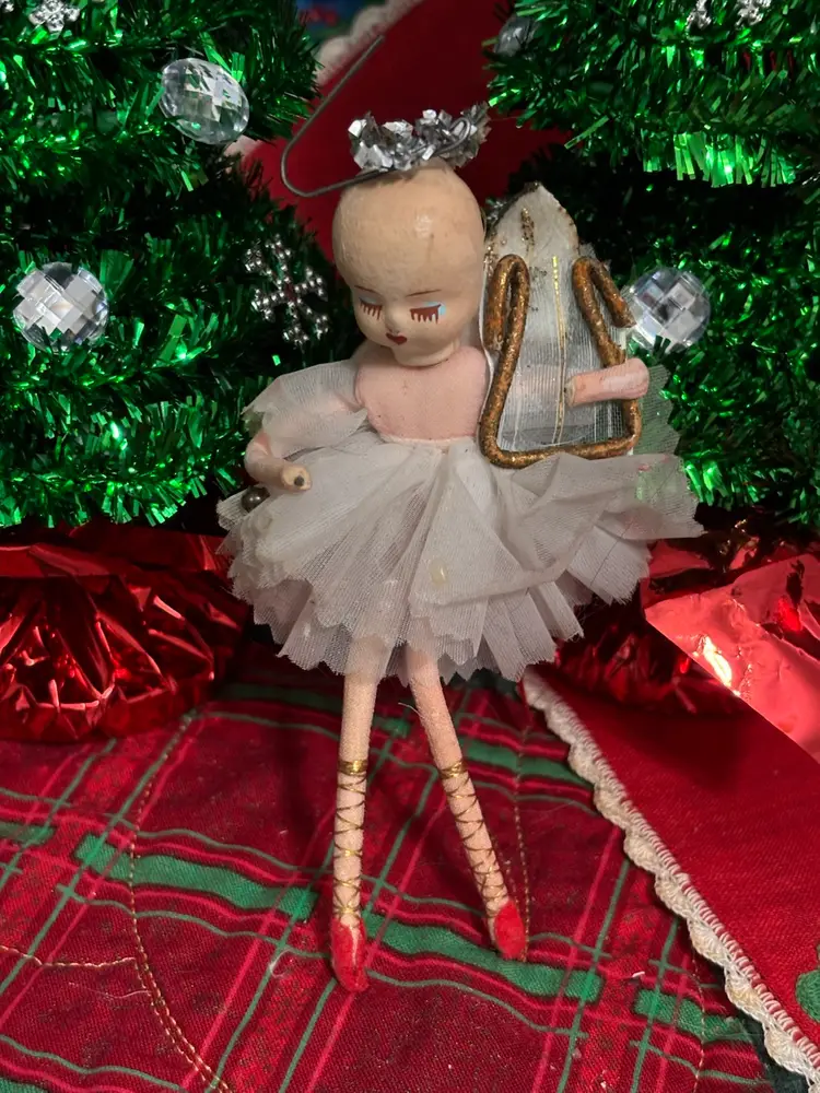 Vtg Forgotten Angel Tulle Mercury Beads Harp Japan Bald As Is