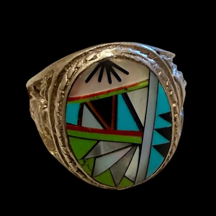 Vintage Zuni Sterling Silver Inlay Ring w/ Native American Portrait Turquoise, Coral, Onyx & MOP Size 12