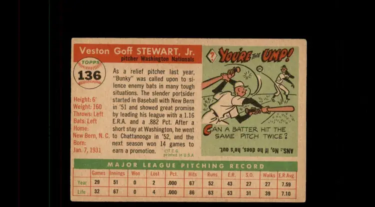 1955 Topps #136 Bunky Stewart - (pk-tl1) - Washington Senators