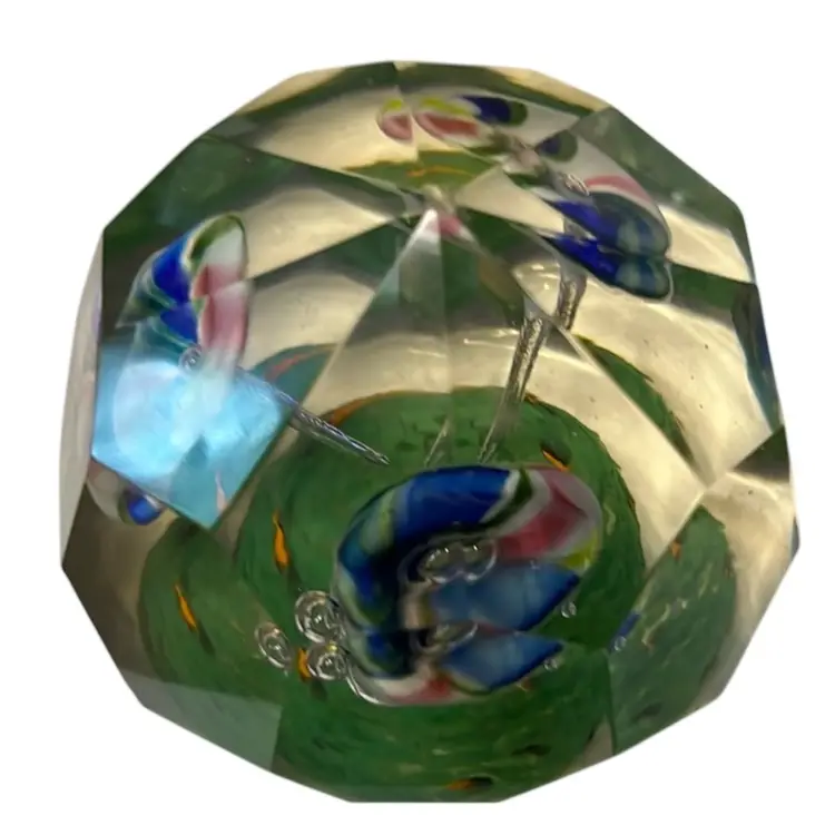 13. Antique Bohemian Czech Lauscha Faceted Octagonal Glass Paperweight with Morning Glory Flower Design 3” Tall