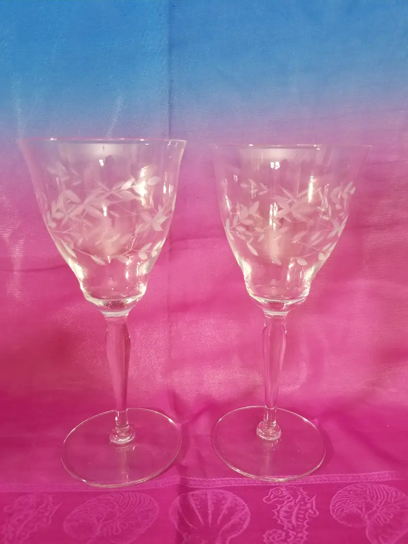 Vintage Blown & Etched Glass Stemware Set