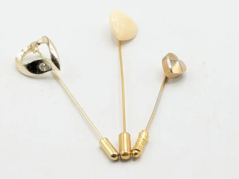 Vintage Set of 3 Heart Stick Pins Gold Tone