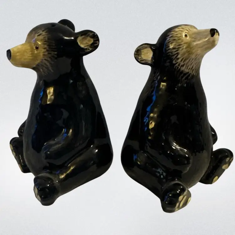 Black Bear Salt & Pepper Shakers Tan Face Paws Ceramic Rubber Stopper *NEW*