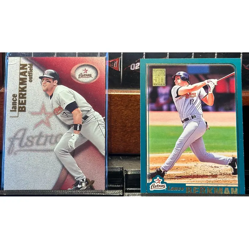 Lance Berkman Houston Astros lot: 2001 Topps Flagship & 2001 Fleer E-X (blemish)