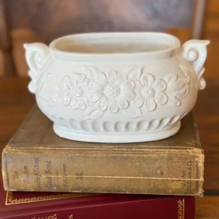 Vintage White Floral Relief Planter – Made in Japan Ceramic Cachepot with Scroll Handles, 1950s-1970s – 4" Tall Oval Flower Pot
