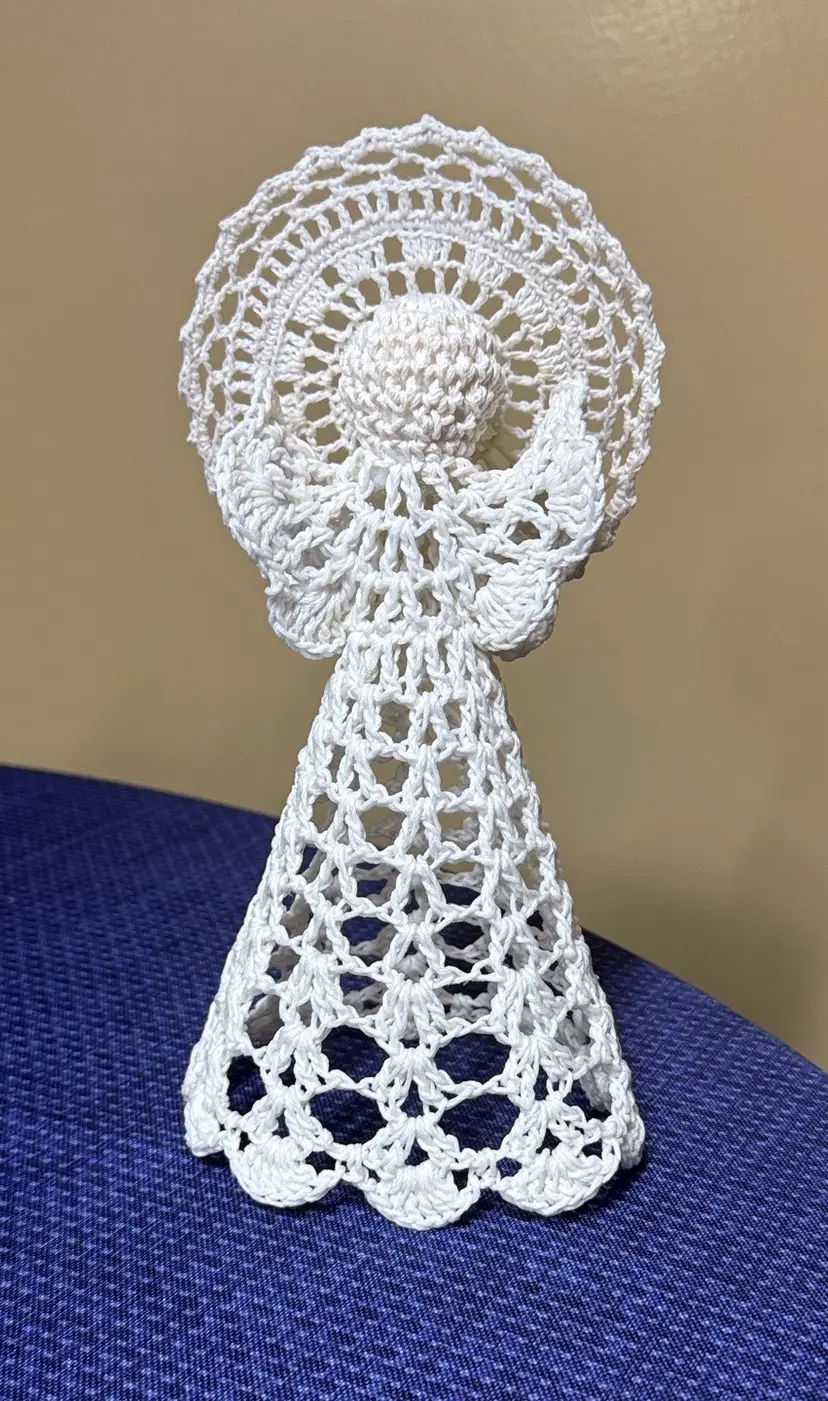 Crochet Angel Christmas Tree Topper Handmade Starched White 9.5" Tall