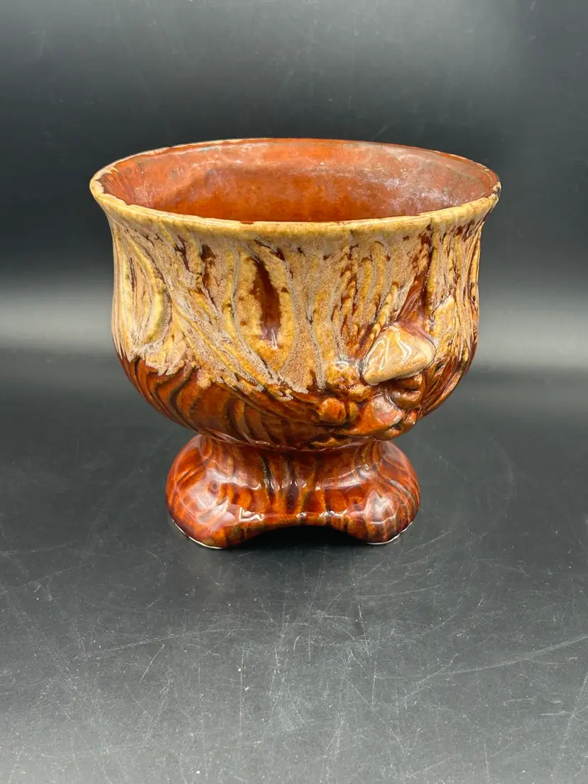 Vintage McCoy Pottery Brown Footed Mushroom Wood Stump Planter Pot