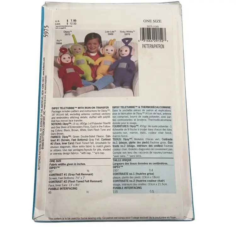TELETUBBIES DIPSY Doll Sewing Pattern With Iron-on Transfer, Uncut/FF Butterick 5975, Vintage 1999