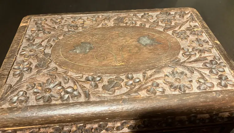 Vintage Carved Wooden Box with Hinges Keepsake Box